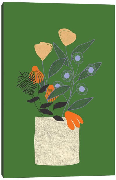 Green Flower Vase Canvas Art Print - Minimalist Flowers