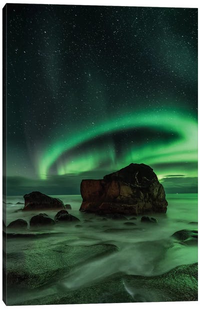 Aurora Borealis As Seen From Utakleiv Beach, Nordland, Norway Canvas Art Print - 1x Collection