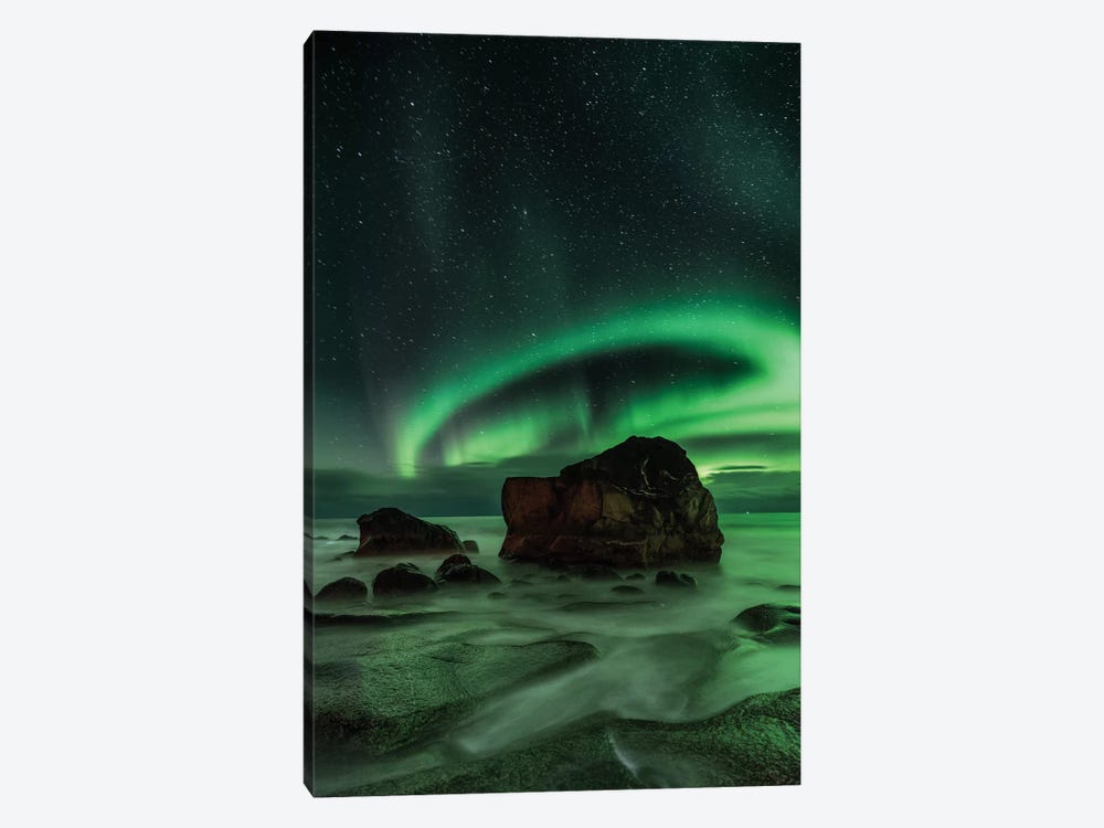 Aurora Borealis As Seen From Utakleiv Beach, Nordland, Norway by Ajit Menon 1-piece Art Print