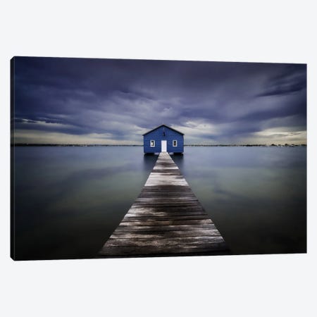 The Blue Boatshed Canvas Print #OXM1683} by Leah Kennedy Canvas Artwork
