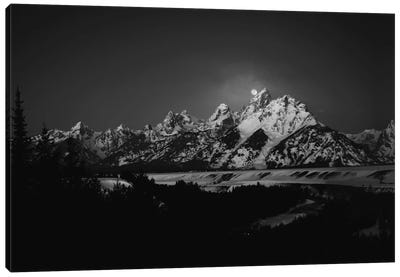 Full Moon Sets In The Teton Mountain Range Canvas Art Print - Snowy Mountain Art