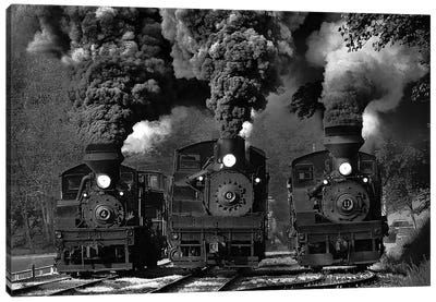 Train Race In B&W Canvas Art Print - Industrial Art