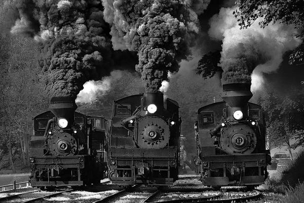 Industrial Office: Train Race In B&W by Chuck Gordon