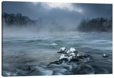 Frosty Morning At The River Canvas Art Print - Mist & Fog Art