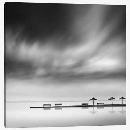 Four Benches And Three Umbrellas Canvas Print #OXM2732} by George Digalakis Canvas Artwork