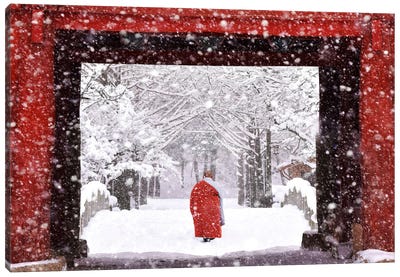 Monk In Snowy Day Canvas Art Print