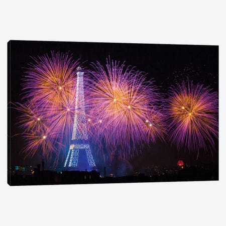 Fireworks At The Eiffel Tower For The 14 Of July Celebration Canvas Print #OXM3090} by Laurent Lothare Dambreville Canvas Wall Art