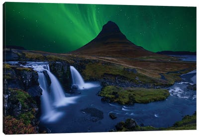Kirkjufell... Under A Boreal Green Sky Canvas Art Print - Mountains Scenic Photography