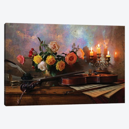 Still Life With Violin And Flowers Canvas Print #OXM4870} by Andrey Morozov Canvas Print