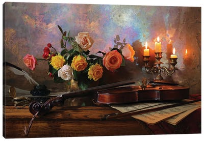 Still Life With Violin And Flowers Canvas Art Print