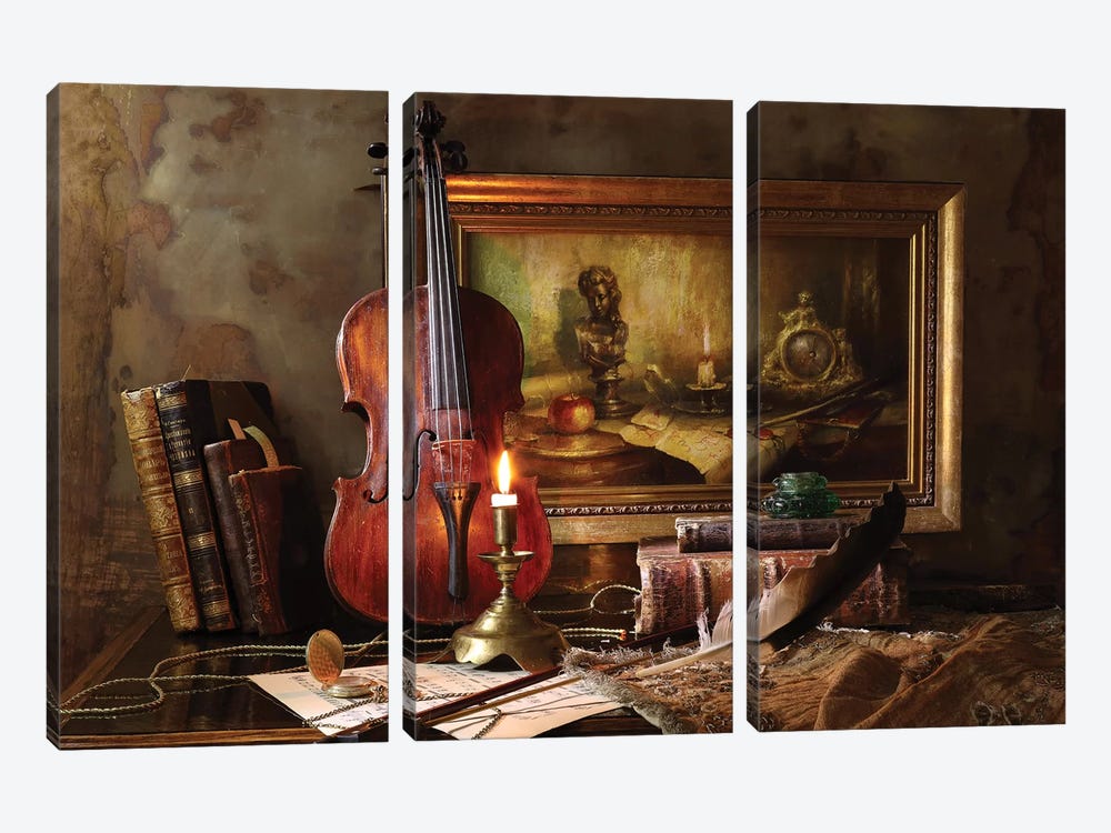 Still Life With Violin And Painting by Andrey Morozov 3-piece Canvas Artwork