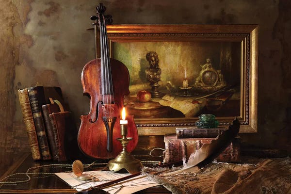 Still Life Photography: Still Life With Violin And Painting by Andrey Morozov