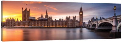 London Palace Of Westminster Sunset Canvas Art Print - Panoramic Cityscapes