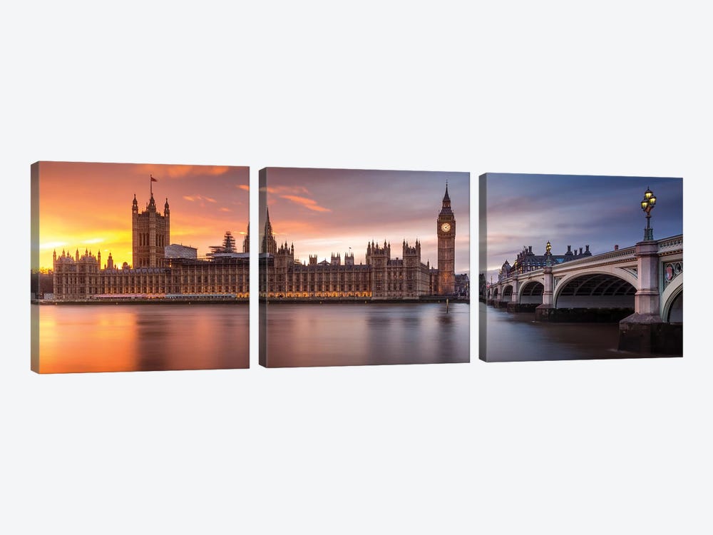 London Palace Of Westminster Sunset by Merakiphotographer 3-piece Canvas Print
