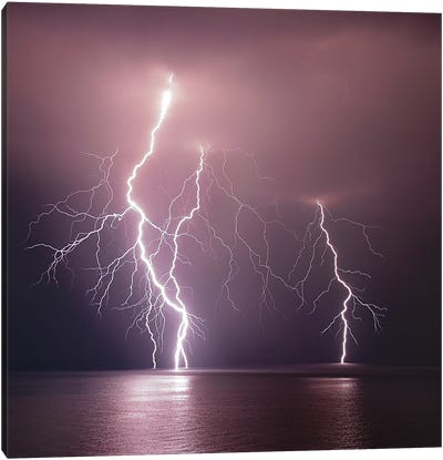 Thunderbolt Over The Sea Canvas Art Print - Lightning