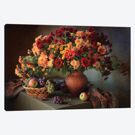 Still Life With a Bouquet Of Chrysanthemums And Fruit Canvas Print #OXM6529} by Tatiana Skorokhod Canvas Artwork