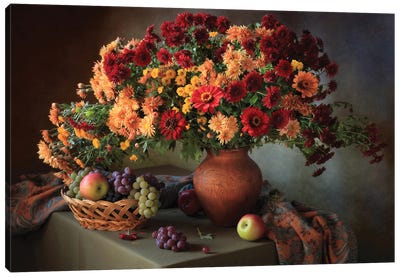 Still Life With a Bouquet Of Chrysanthemums And Fruit Canvas Art Print