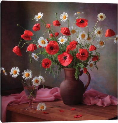Still life With A Bouquet Of Poppies And Chamomile Canvas Art Print