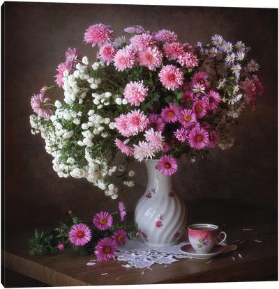 With A Bouquet Of Chrysanthemums Canvas Art Print