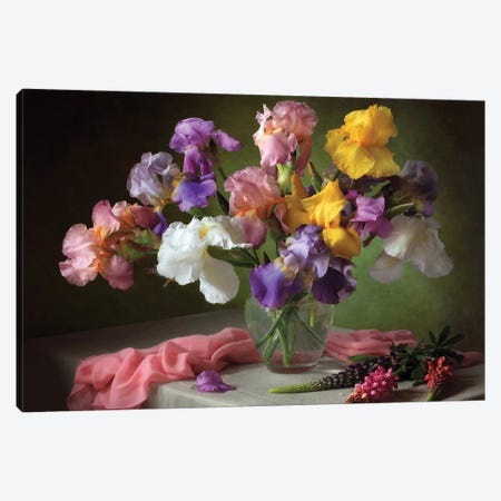 With A Bouquet Of Irises And Flowers Lupine Canvas Print #OXM6537} by Tatiana Skorokhod Canvas Artwork