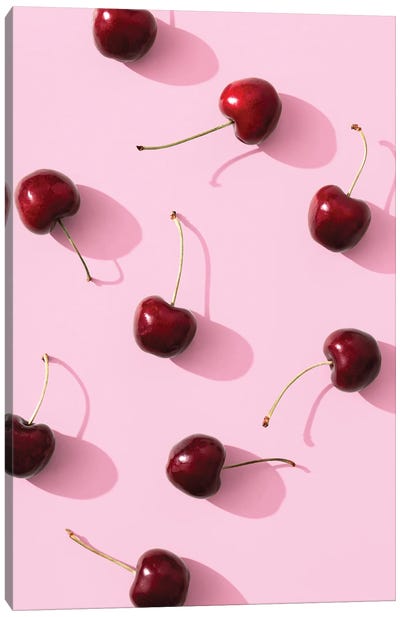 Cherries On Pink Background Canvas Art Print - Macro Photography