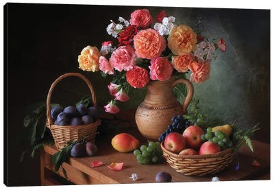 Still Life With Flowers And Autumn Fruits Canvas Art Print