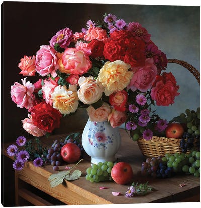 Still Life With Autumn Roses And Grapes Canvas Art Print