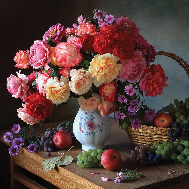 Still Life With Autumn Roses And Grapes