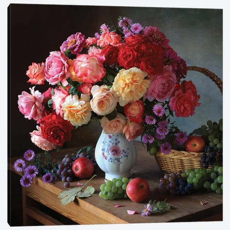 Still Life With Autumn Roses And Grapes Canvas Print #OXM7054} by Tatiana Skorokhod Canvas Artwork