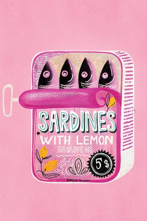 Sardines Tin Can Pink by Baroo Bloom wall art