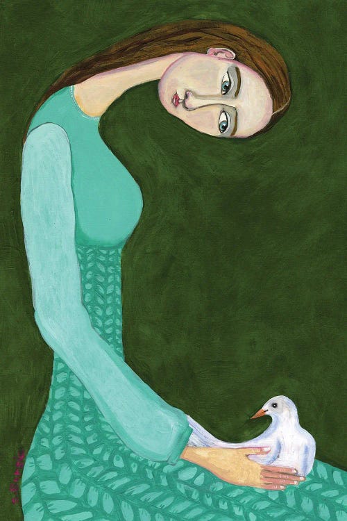 Lady Sitting With White Dove Bird Woman by Sharyn Bursic wall art