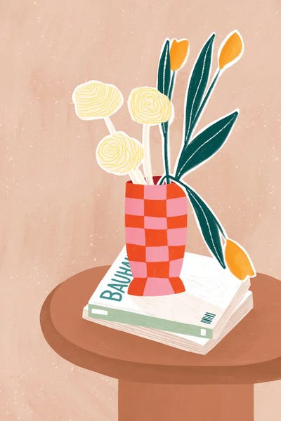 Bea Muller: Flower With A Checkered Red Vase by Bea Muller