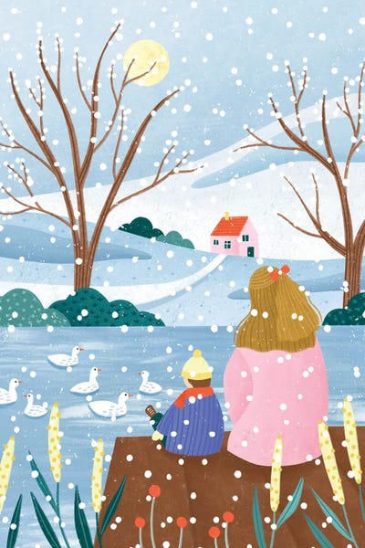 Mother And Child At Winter Lake