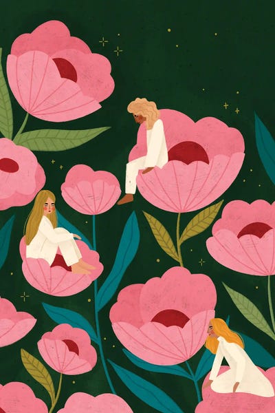 Bea Muller: Three Women Sitting On Large Pink Flowers by Bea Muller