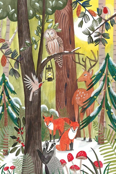 Caroline Bonne Muller: Green Christmas Forest With Animals by Caroline Bonne Muller