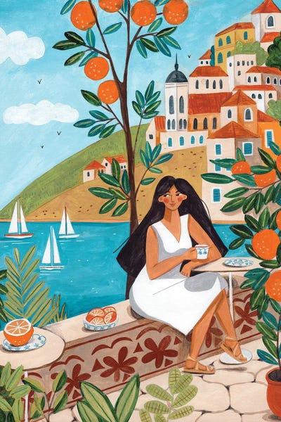 Fine Art Print: Travel Poster Woman In Mediterranean Coast by Caroline Bonne Muller