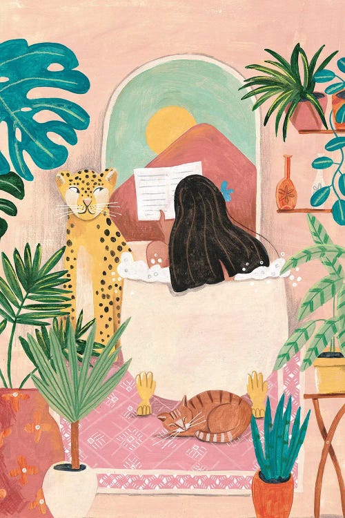 Woman Taking Bath In Pink Tropical Bathroom