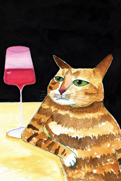 Fine Art Print: Cat Friday Night Drinks Wine Funny Cat Humour by Sharyn Bursic
