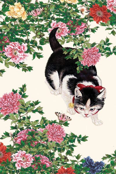 Fine Art Print: Curious Cat Peonies by Marja Van Den