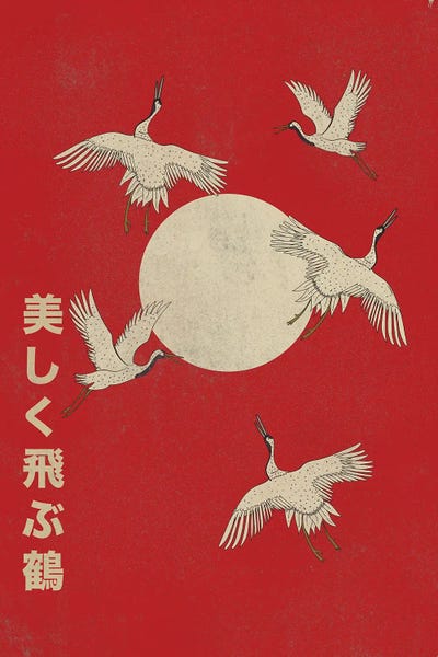 Cranes and Red Sun