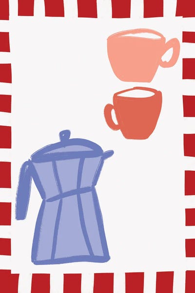 Minimalist Blue Coffee Pot And Two Pink Cups
