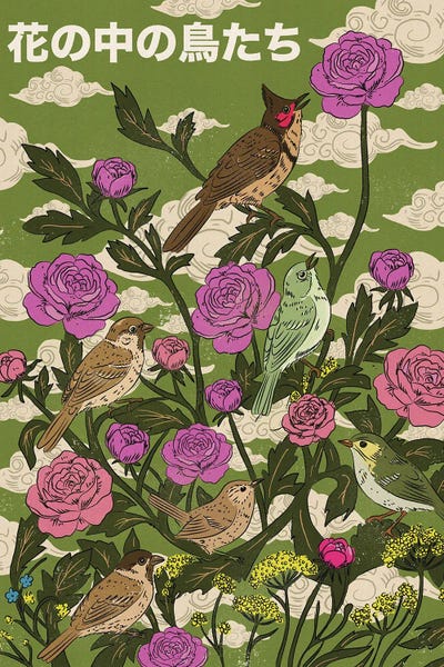 Fine Art Print: Garden Birds And Roses by Nicholas