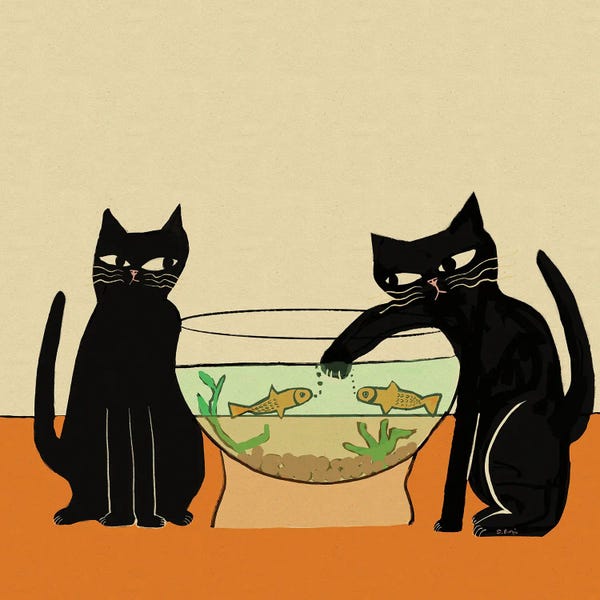 Fine Art Print: Mischievous Cat And Fish by Sharyn Bursic