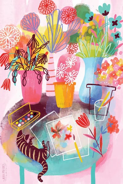 Artistic Flowers And Cat