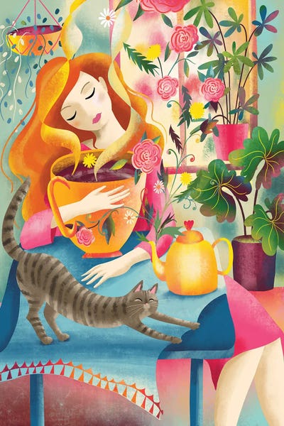 Uta Krogmann - Gallery Posters: Cozy Tea And Cat Morning by Uta Krogmann