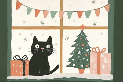 Christmas Art - Canvas Prints: Black Cat Winter Window by Mathieu