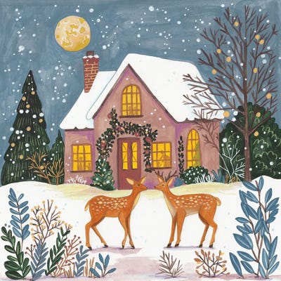 All Greens - Canvas Prints: Cottage With Deer In The Snowy Garden Christmas by Caroline Bonne Muller