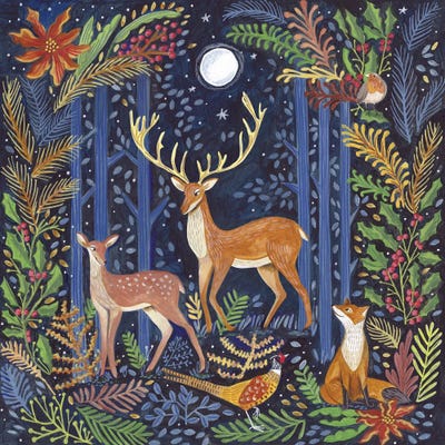 All Greens - Canvas Prints: Woodland Animals In Dark Forest By Moonlight Christmas by Caroline Bonne Muller