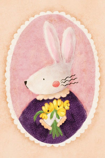 All Greens - Canvas Prints: Charming Bunny With Tulips by Dirkie Nell