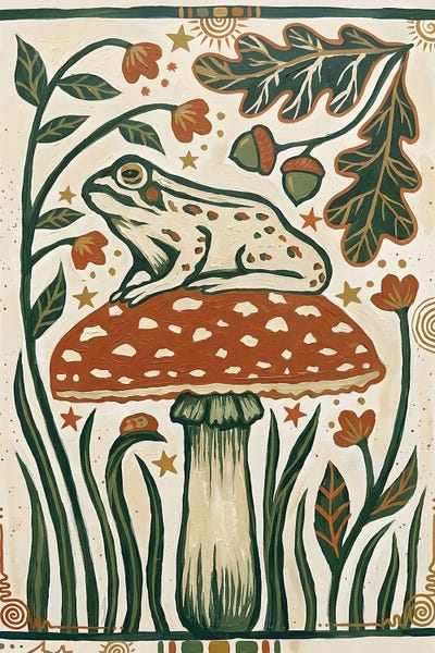 All Greens - Canvas Prints: Whimsical Frog On Mushroom by HUGO